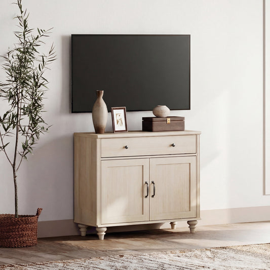 Beige Farmhouse TV Stand for 43 inch TV with Drawer & Doors