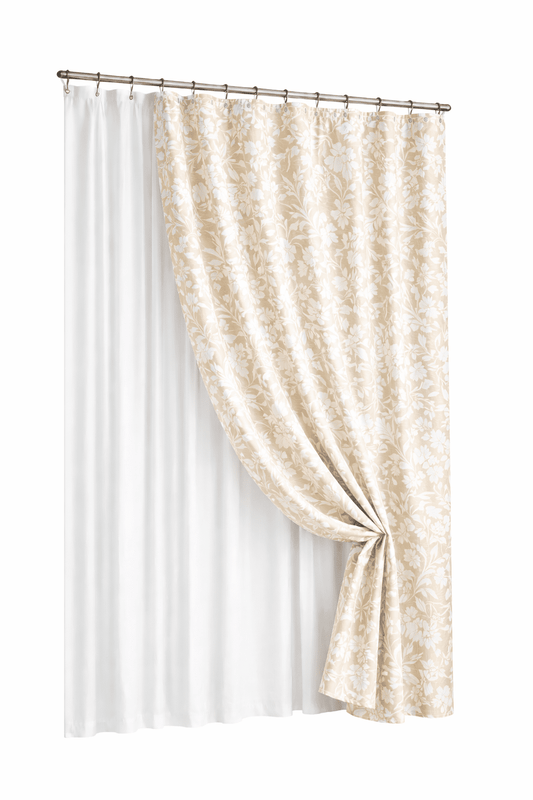 Beige Floral Matelasse Shower Curtain + Clear Heavy Weight Liner
