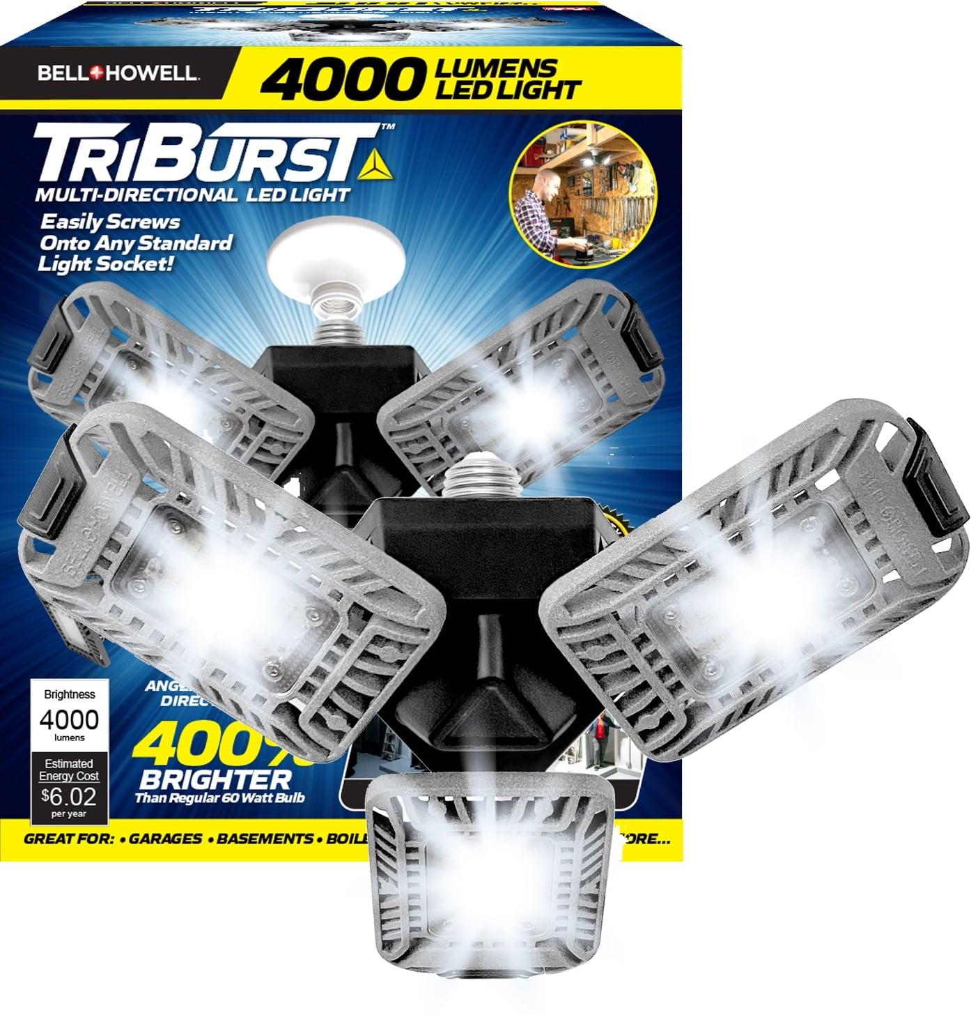 (2 pack) Bell+Howell TRIBURST High Intensity Lighting with 144 LED Bulb, Multi-Directional Triple Panel Light for Indoor and Outdoor, As Seen on TV