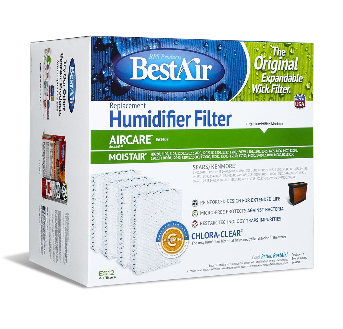 BestAir ES12 Humidifier Replacement Wick Filter for Emerson models 10" x 9.4" x 6.5" (4 Filters)