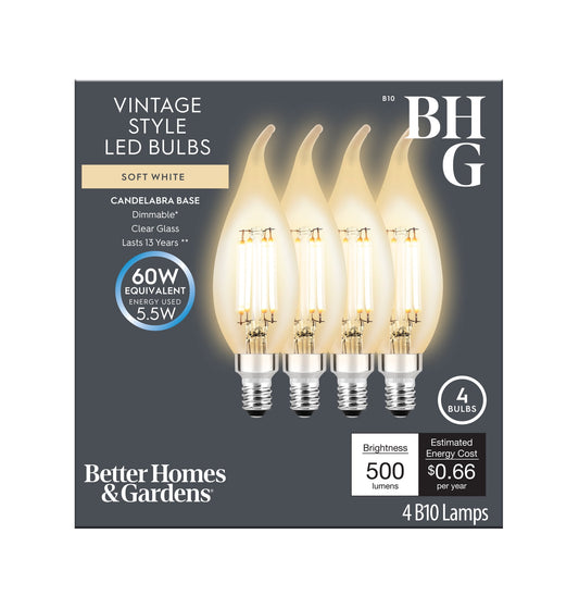 Better Homes & Gardens B10 Vintage LED Light Bulb, 60 Watts, Soft White, E12, Dimmable, 4 Pack