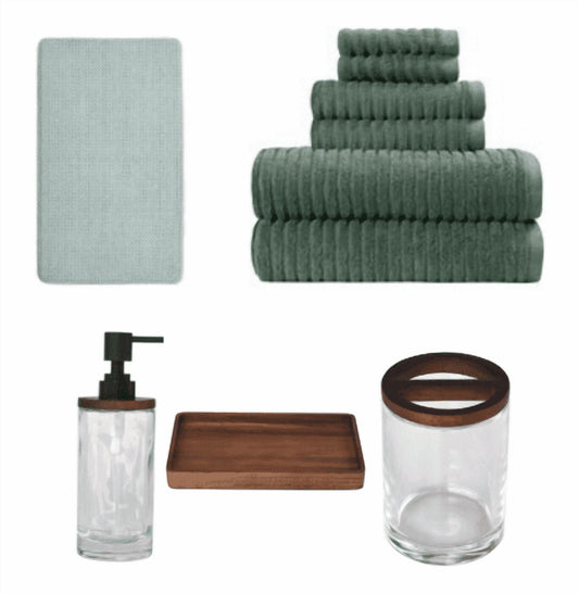 Better Homes & Gardens Complete Bathroom Set â€“ Cotton Towels, Memory Foam Rug & Acacia Wood Glass Accessories, Green