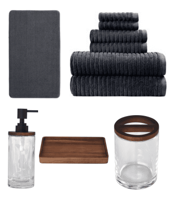 Better Homes & Gardens Complete Bathroom Set â€“ Cotton Towels, Memory Foam Rug & Acacia Wood Glass Accessories, Grey