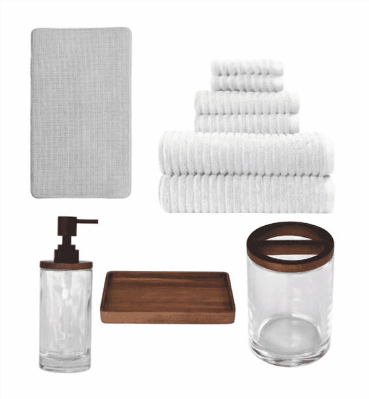 Better Homes & Gardens Complete Bathroom Set â€“ Cotton Towels, Memory Foam Rug & Acacia Wood Glass Accessories, White