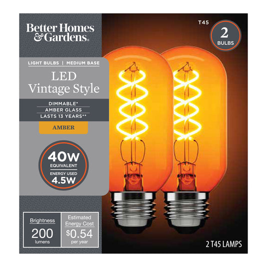 Better Homes & Gardens LED Vintage Light Bulb, T45 40 Watts Amber Spiral Filament, E26, Dim 2 Pack