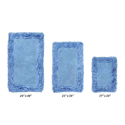 Better Trends 3 Piece Bathroom Rug Set 100% Cotton, Extra Soft, Water Absorbent & Non Slip Bath Mat, Ruffle Border, (Blue) Shaggy Border Collection