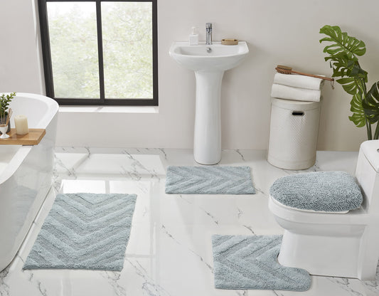 Better Trends 4 Piece Bathroom Rug Set 100% Cotton Extra Soft Tufted Bath Rug Water Absorbent Non-Slip Bath Mat Machine Washable (Blue) Hugo Collection