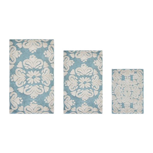 Better Trends 3 Piece Bathroom Rug Set 100% Cotton Extra Soft Tufted Bath Rug Water Absorbent Non-Slip Bath Mat Machine Washable (Blue) Medallion Collection