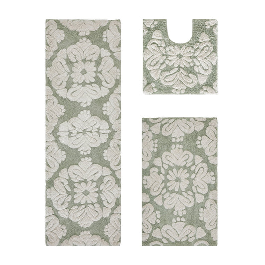 Better Trends 3 Piece Bathroom Rug Set 100% Cotton Extra Soft Tufted Bath Rug Water Absorbent Non-Slip Bath Mat Machine Washable (Sage) Medallion Collection