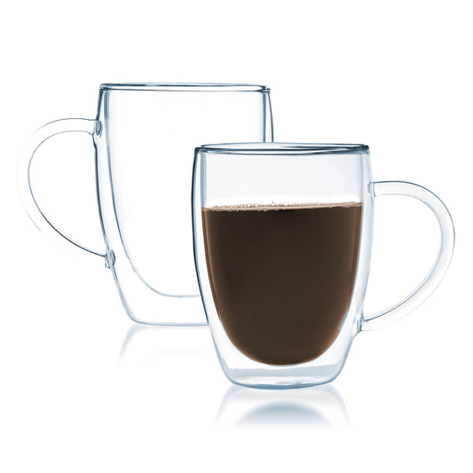 Bistro Mug with Handle from JavaFly, Double Walled Thermo Glass Cup, Set of 2 - 12oz