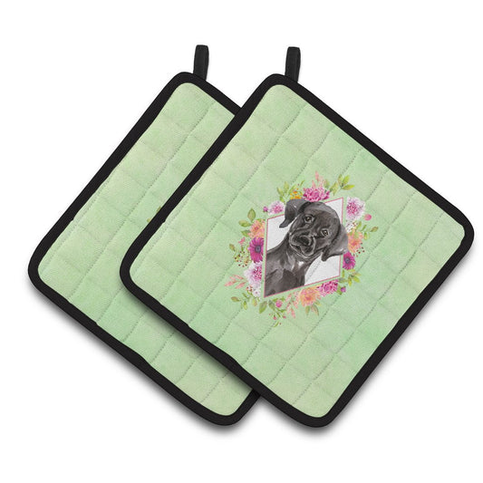 Black Labrador Green Flowers Pair of Pot Holders