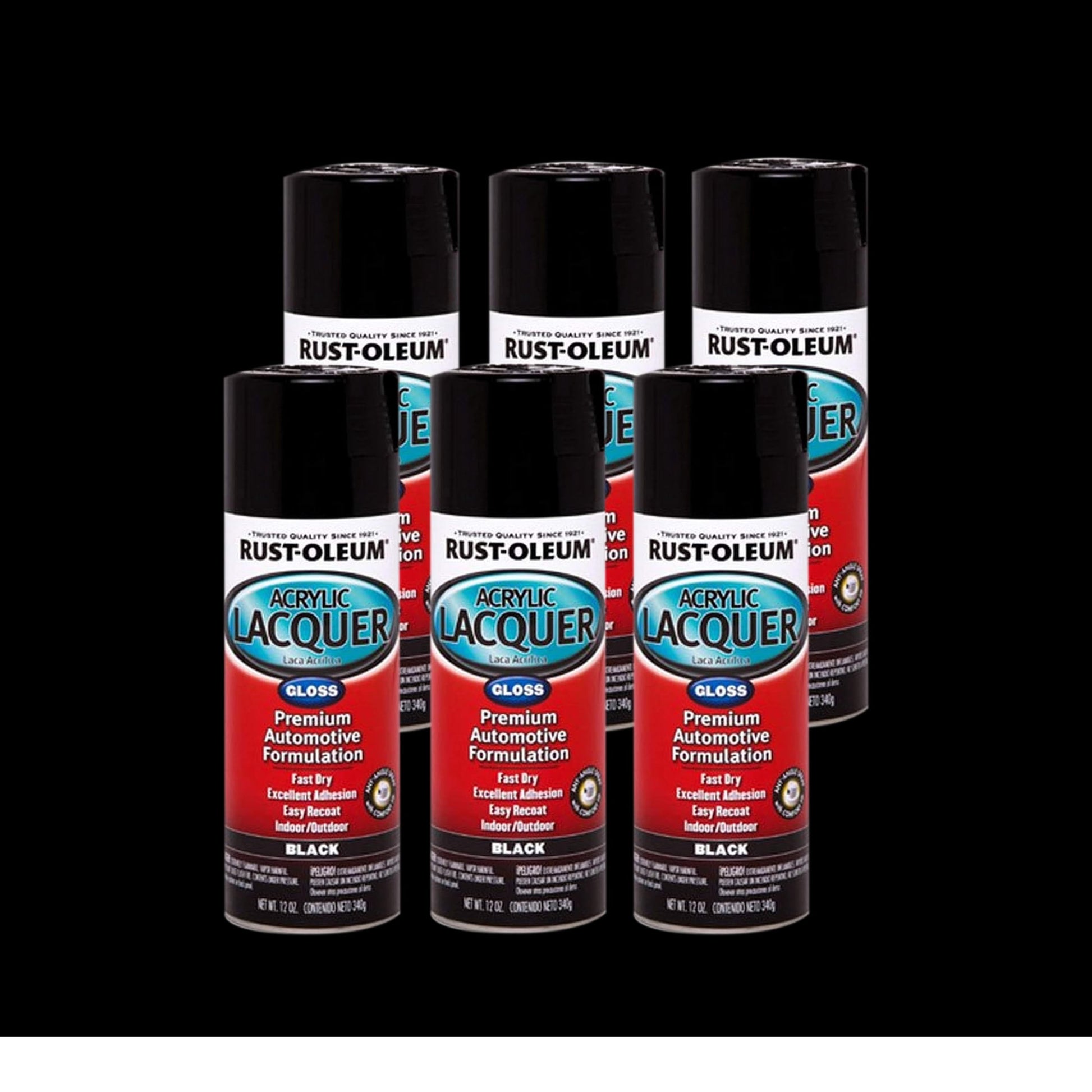 6 Pack, Black, Rust-Oleum Automotive Gloss Acrylic Lacquer Spray Paint-253365, 12 oz