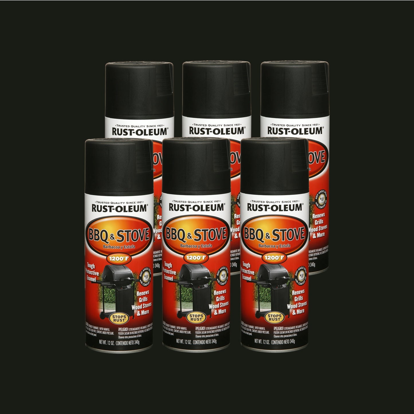 6 Pack, Black, Rust-Oleum Automotive Stops Rust BBQ and Stove Spray Paint-249310, 12 oz