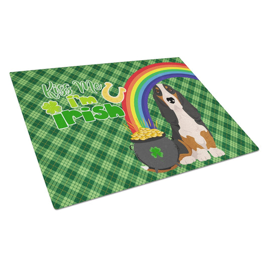 Black Tricolor Basset Hound St. Patrick's Day Glass Cutting Board Large 12 in x 15 in