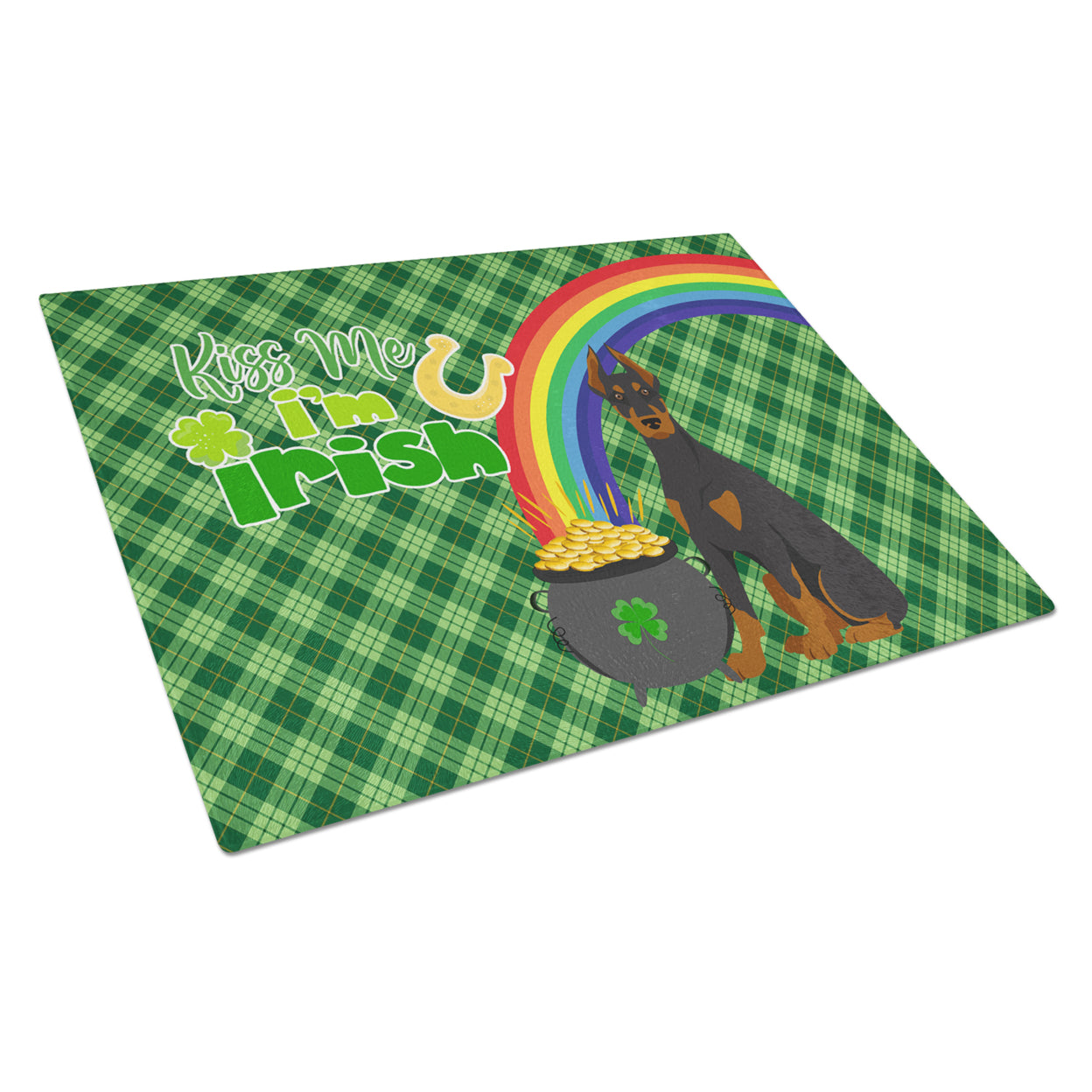 Black and Tan Doberman Pinscher St. Patrick's Day Glass Cutting Board Large 12 in x 15 in