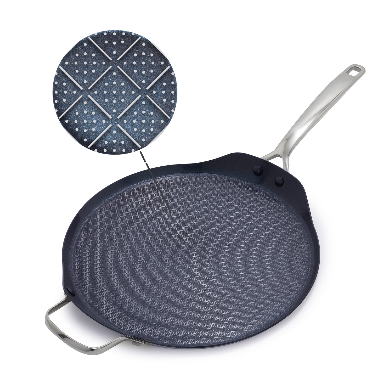 Blue Diamond 13"  Diamond Bond Hybrid Round Griddle, Ceramic Non-Stick, Stainless Steel, Silver