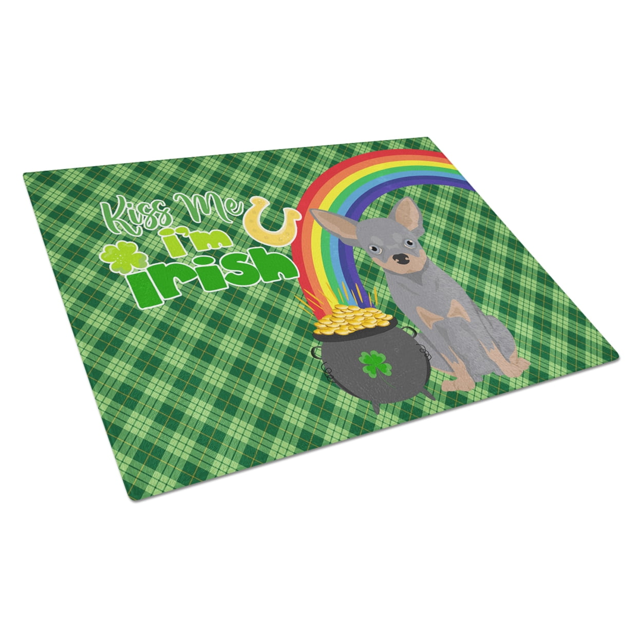 Blue and Tan Chihuahua St. Patrick's Day Glass Cutting Board Large 12 in x 15 in