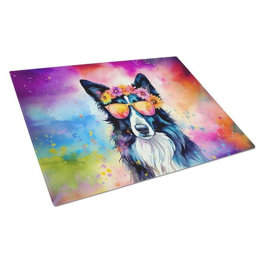 Border Collie Hippie Dawg Glass Cutting Board Large 12 in x 15 in