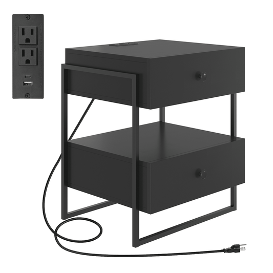 Boyd Sleep Pesaro Modern Two Drawer Nightstand with USB Charging Ports, Metal Frame, Black Storage Table for Bedroom