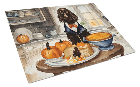Boykin Spaniel Fall Kitchen Pumpkins Glass Cutting Board Large 12 in x 15 in