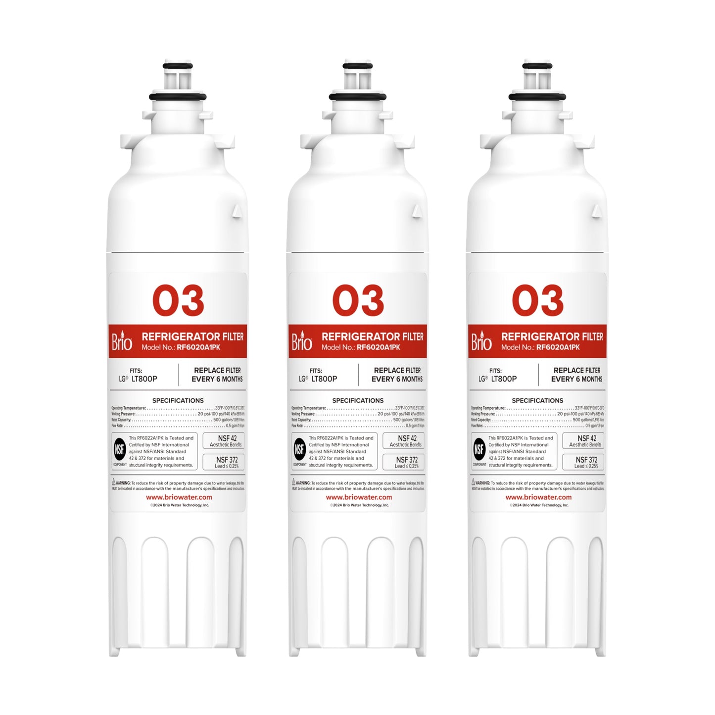 Brio 3-Pack Refrigerator Water Filter Replacement Compatible With LG LT800P Kenmore 46-9490