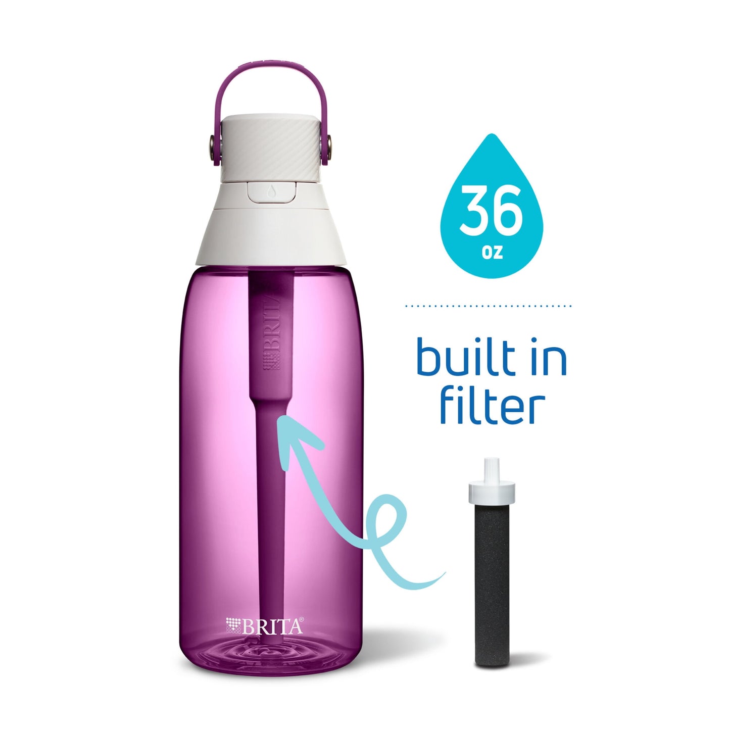 Brita 36 oz Premium Plastic Filtered Water Bottle, Orchid, Leak Proof, BPA Free with Straw