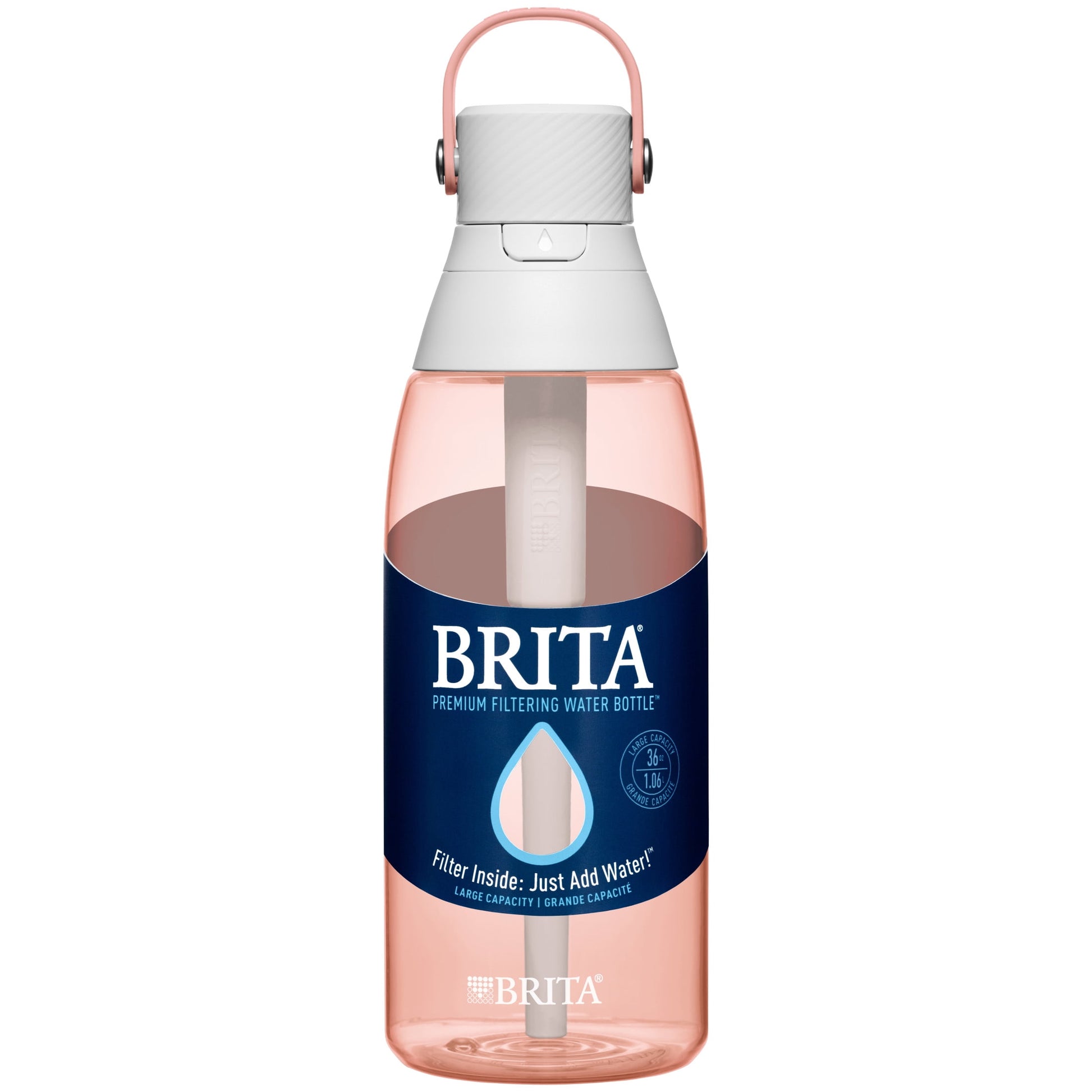 Brita 36 oz Blush Pink Plastic Filtered Water Bottle, Reduces Chlorine, Leak Proof with Straw