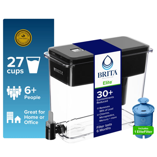 Brita 27 Cup Plastic Water Filtration Dispenser, Black, 1 Elite Brita Filter, Reduces Lead