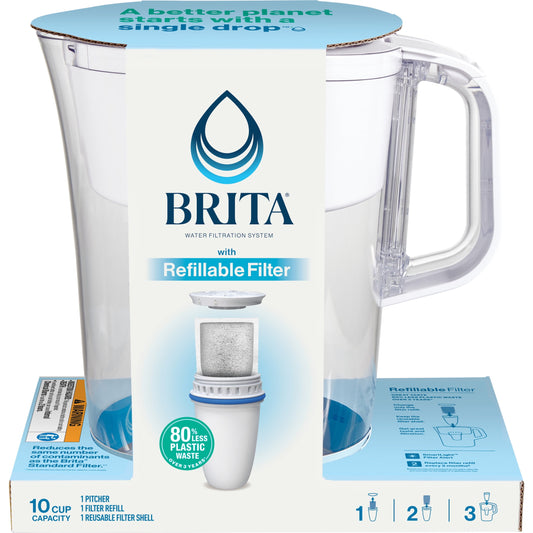 Brita Refillable 10-Cup, White Plastic Water Filtration Pitcher