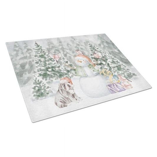 Bulldog Puppy Chocolate with Christmas Presents Glass Cutting Board Large 12 in x 15 in