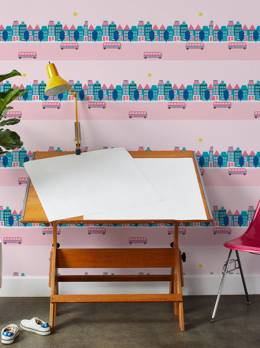 Bus Route Removable Vinyl Wallpaper by Fisher-Price - Pink