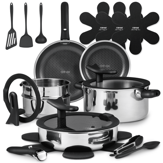 Carote 21-Piece Stainless Steel Cookware Set with Detachable Handle, Ceramic Hybrid Non-Stick, Easy Stacking, Stand-up Lid, Oven/Dishwasher Safe, Black