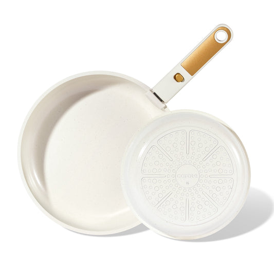Carote Ceramic Nonstick Detachable Frying Pans Set, 3 Pieces Non Toxic Cookware Set with Induction, Oven/Dishwasher Safe, Easy for Storage, Cream White