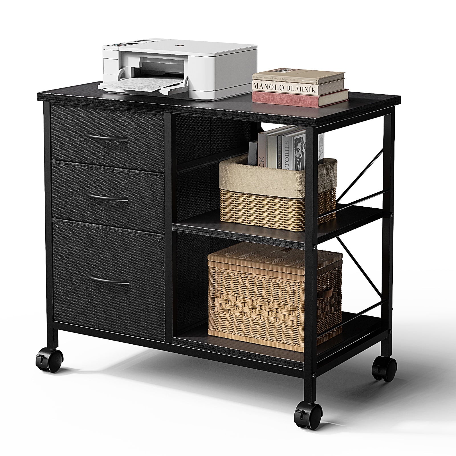 CONCETTA 3-Drawer Rolling File Cabinet with Open Shelf, Fabric Filing Storage for Home Officeï¼ŒBlack