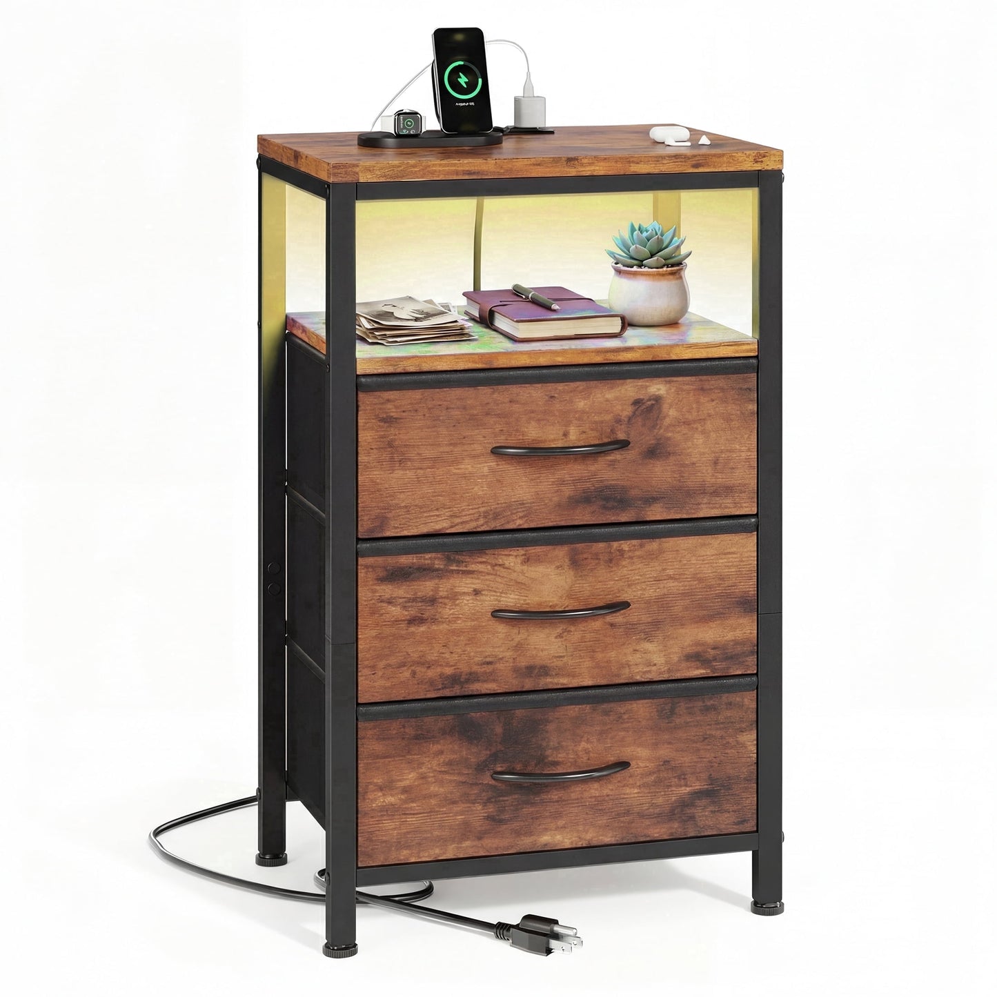 CONCETTA 3 Fabric Drawers Nightstand with Charging Station, USB/Type-C Ports, Adjustable Feet, Bedroom, Rust Brown