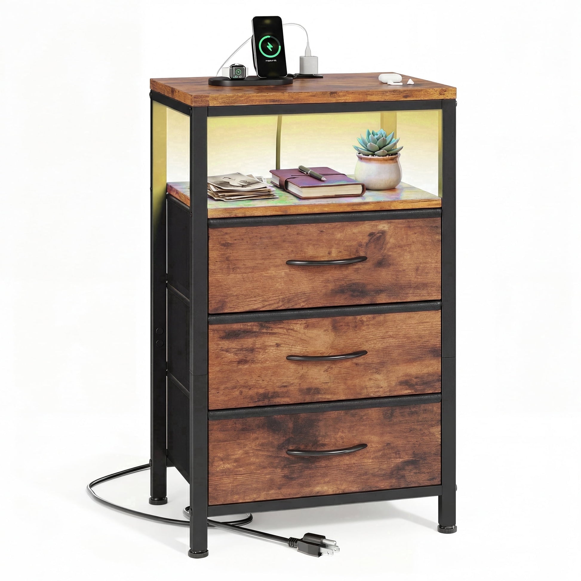 CONCETTA 3 Fabric Drawers Nightstand with Charging Station, USB/Type-C Ports, Adjustable Feet, Bedroom, Rust Brown