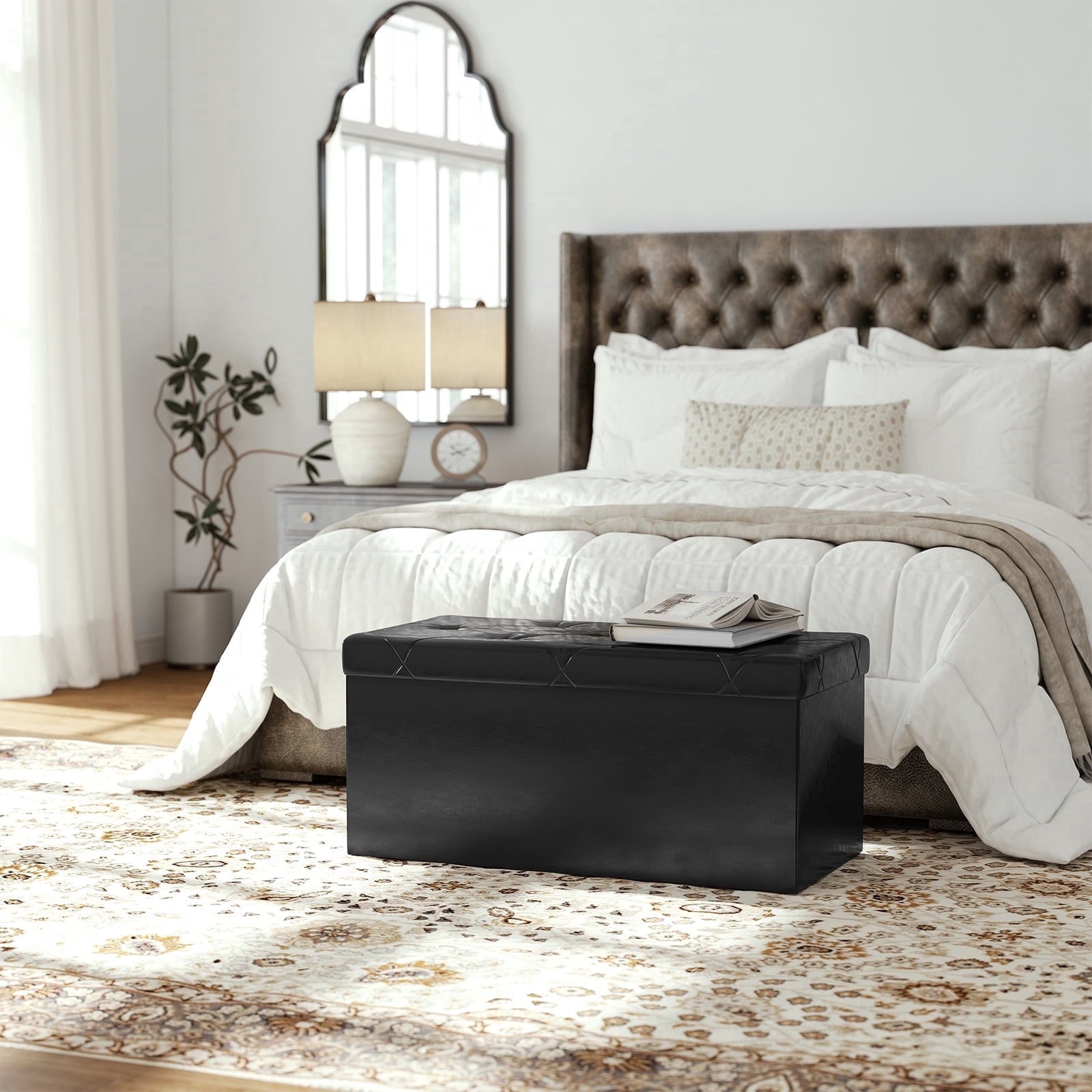 CONCETTA 30" Storage Ottoman Bench, Foldable Storage Chest, End of Bed Foot Stool with Padded Seat, Bedroom Bench, Support 660lbs, PVC Black
