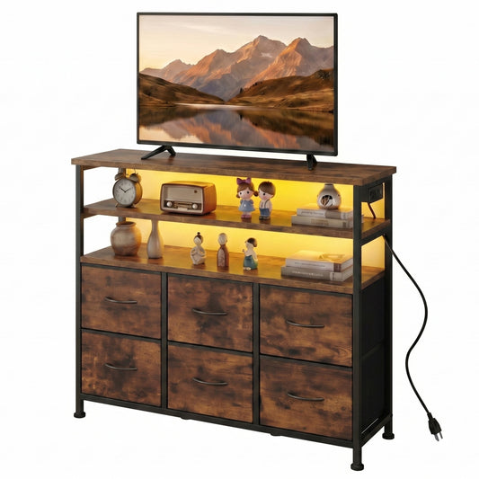 CONCETTA TV Stand for 45 Inch TV, 6-Drawer Dresser with 3-Tier Open Shelves, LED Lights, Charging Station, Wood Top Entertainment Center for Bedroom, Living Room, Hallway, Rust