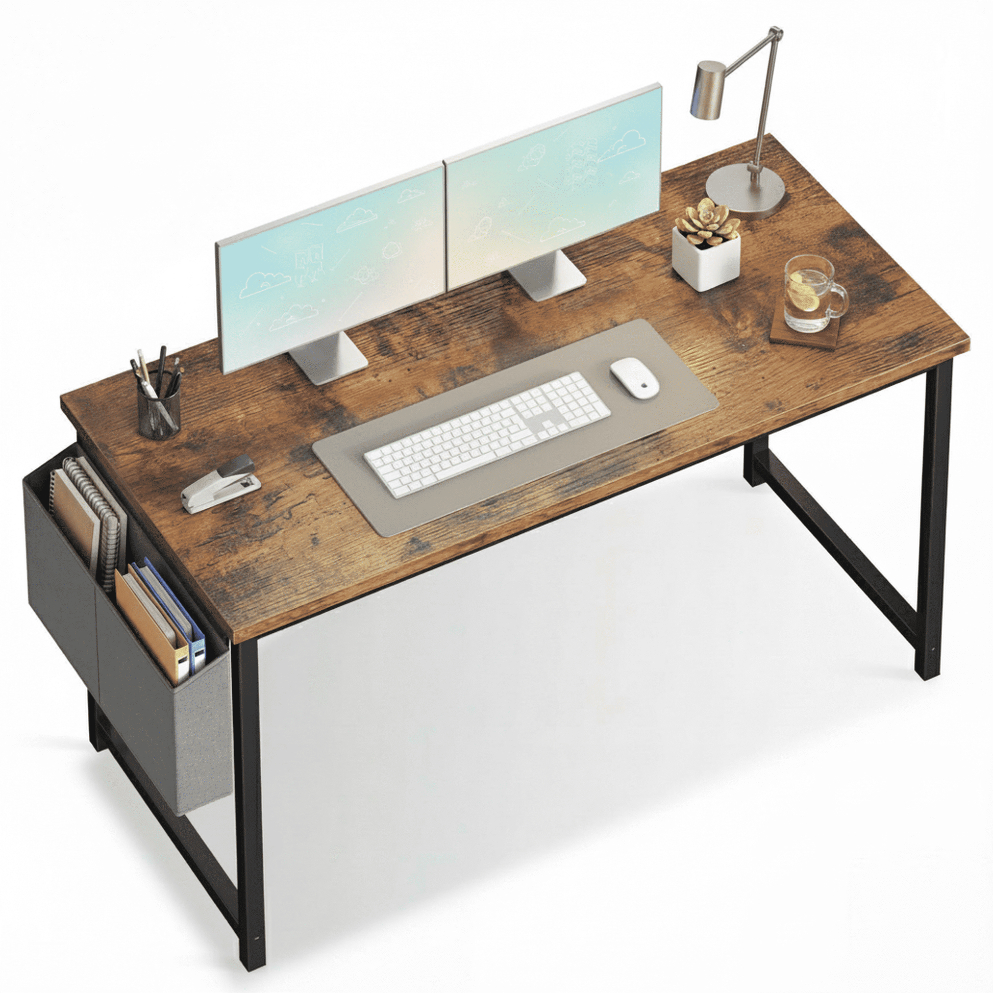 CONCETTA 55 Inch Computer Writing Desk with Storage Bag, Steel Frame for Home Office Study, Brown