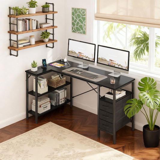 CONCETTA 55"L Shaped Computer Desk with 3 Drawers, Power Outlets, USB Ports, and Monitor Stand, Corner Gaming Desk for Home Office,Black