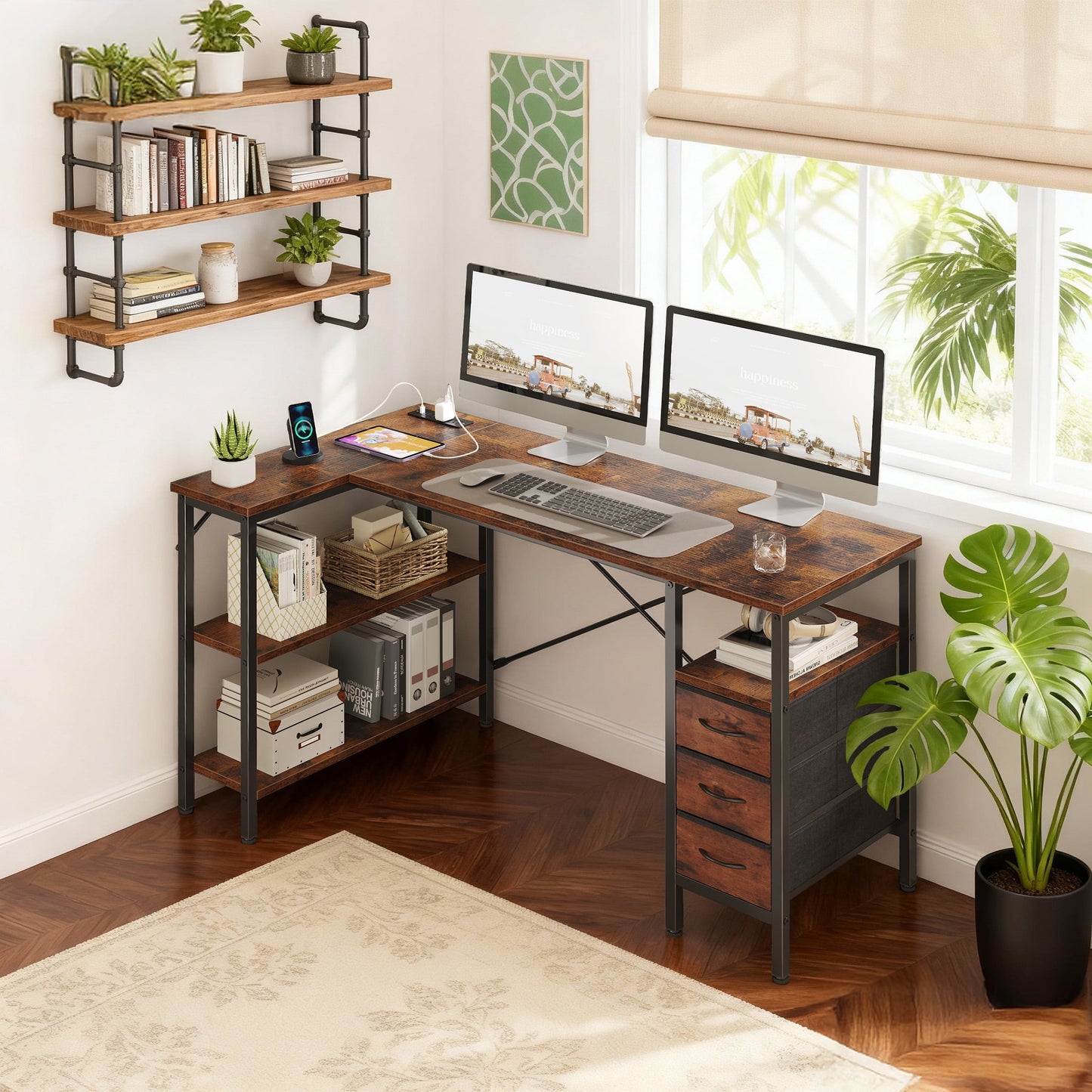 CONCETTA 55"L Shaped Computer Desk with 3 Drawers, Power Outlets, USB Ports, and Monitor Stand, Corner Gaming Desk for Home Office,Rust