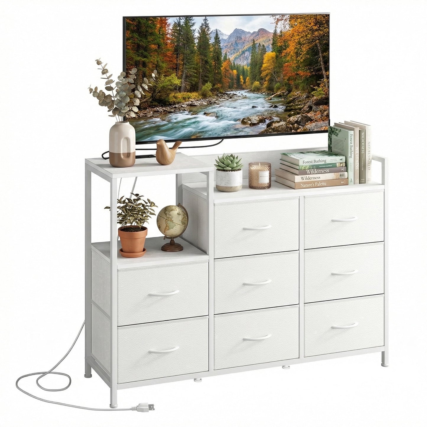 CONCETTA 8-Drawer Dresser TV Stand for Bedroom with Charging Station, Teen/Adult Fabric Storage with Open Shelves, White