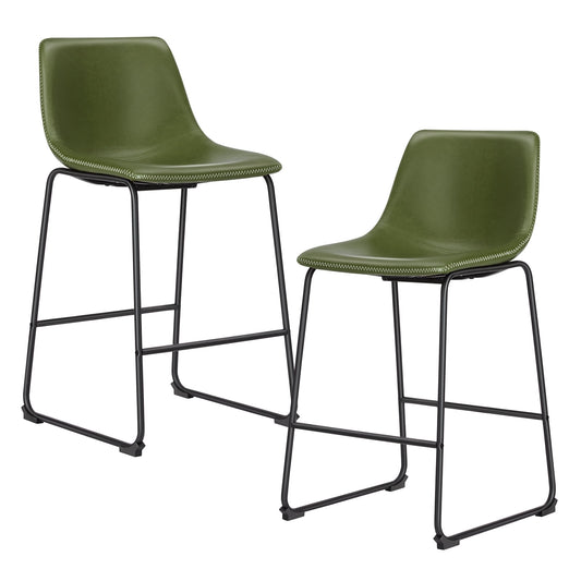 CONCETTA Bar Stools Set of 2, Counter Height Bar Stools with Back, 26 Inch Armless Industrial Faux Leather Barstools with Metal Legs and Footrest for Home Office Kitchen,Green