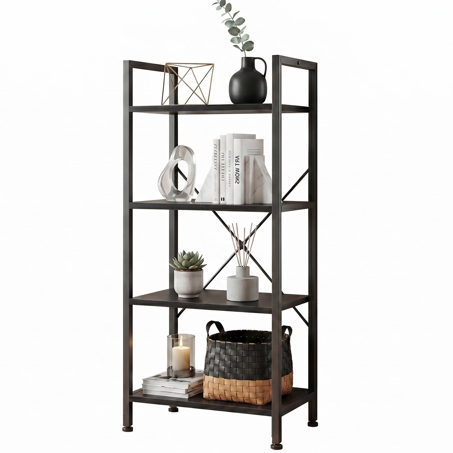 CONCETTA Bookshelf, 4-Tier Small Industrial Storage Shelf & Shelves, Metal Bookcase for Home Office, Living Room, Black
