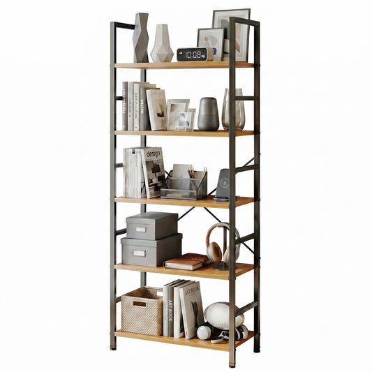 CONCETTA Bookshelf, 5-Tier Small Industrial Storage Shelf & Shelves, Metal Bookcase for Home Office, Living Room, Wood