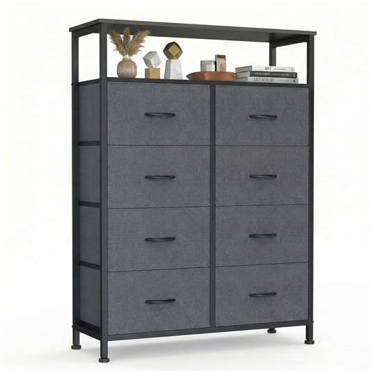 CONCETTA 8-Drawer Fabric  Dresser wiith Open Shelf, Tall  Storage Organizer for Bedroom Closet, Living Room, Hallway, Gray