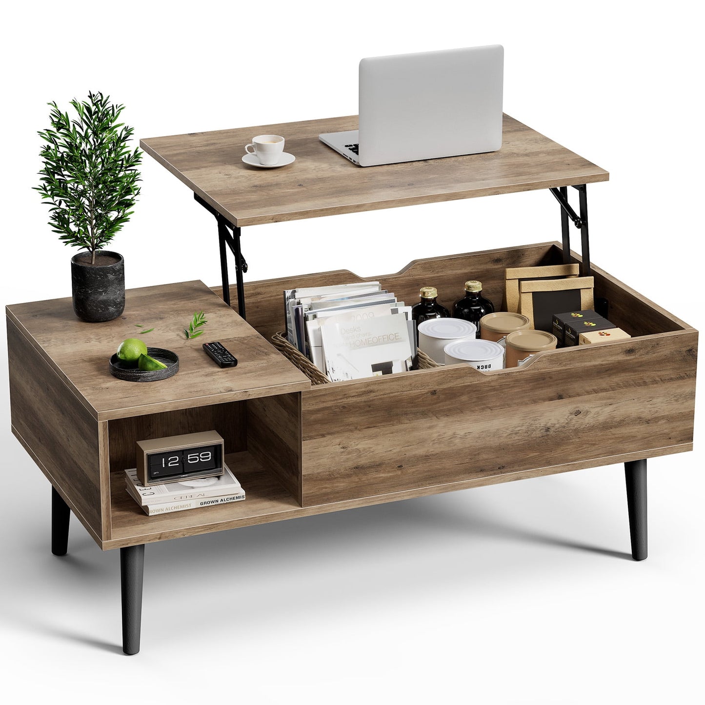 CONCETTA Lift Top Coffee Table with Storage, Small Living Room Table with Adjustable Shelf and Storage Compartment,White Gray