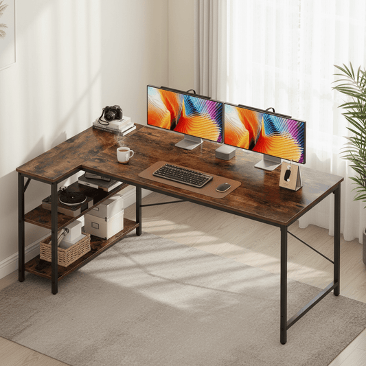 CONCETTA 47 inch L Shaped Desk with Reversible Storage Shelves, 154 lbs Capacity Computer Corner Desk for Home Office, Gaming & Writing, Rust Brown