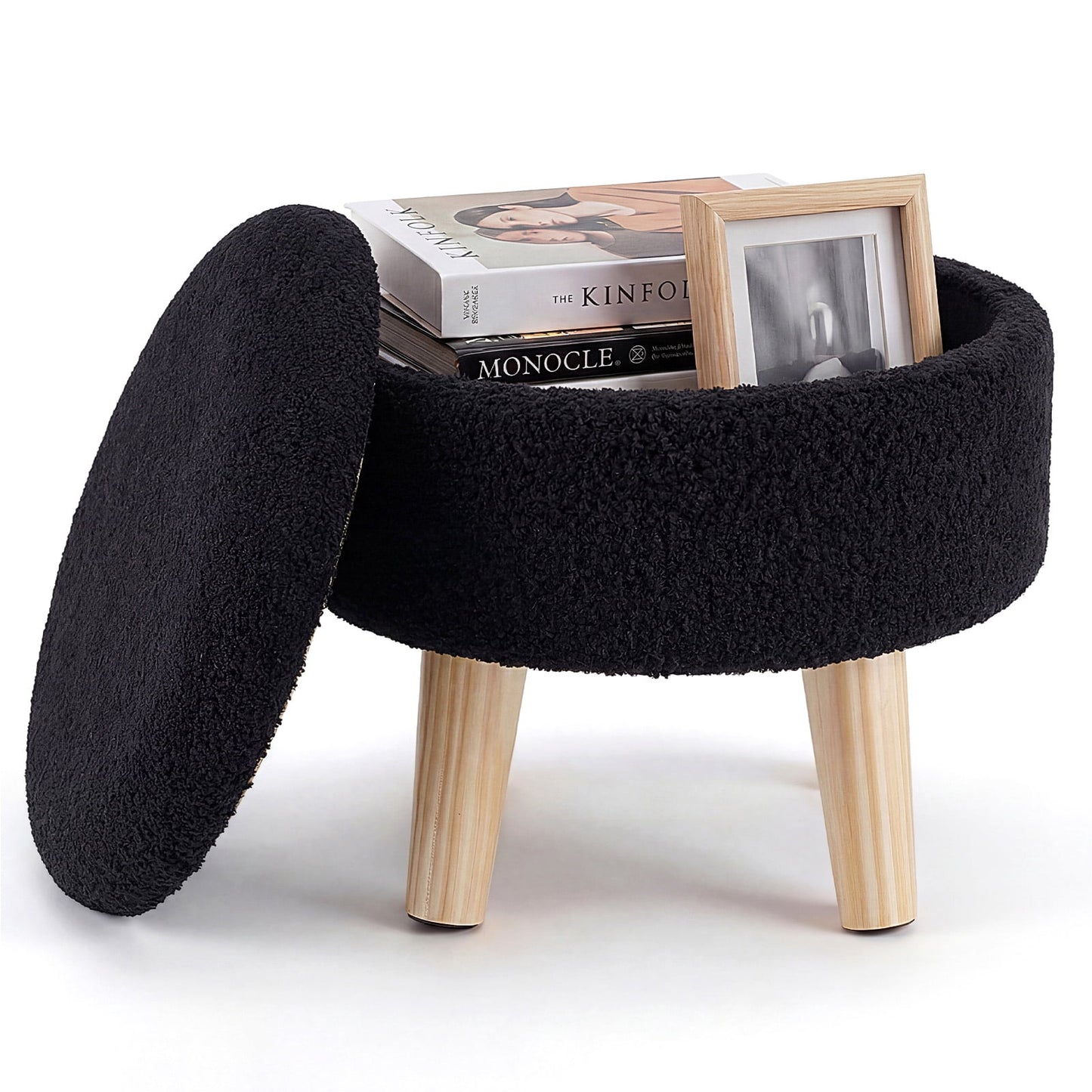 CONCETTA Round Storage Ottoman with Soft Padded Seat, Teddy Velvet Footstool with Wood Legs, Accent Ottoman for Living Room & Entryway,Black