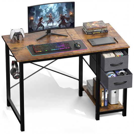 CONCETTA 40in Small Computer Desk with 2 Drawers, Side Headphone Hook, Writing Work Study Desk for Home, Rust Brown